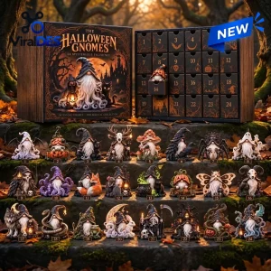 Front view of The Halloween Gnomes Advent Calendar box open with 24 figurine drawers displayed on stone steps.
