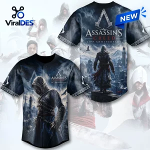 Front and back view of the Assassin’s Creed 20th Anniversary Baseball Jersey featuring hooded figures.