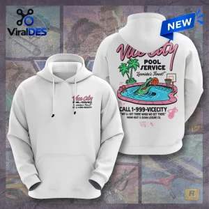 Front and back view of a white Grand Theft Auto VI x Miami Heat White Shirt featuring pool graphics.