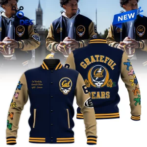 Front and back view of the California Golden Bears Grateful Dead baseball jacket in blue and tan.