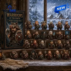 Front view of Warriors Of The North Viking Advent Calendar 2026 box alongside twenty four miniature figures.