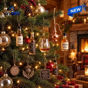 Closeup of miniature liquor bottles and glass ornaments hanging on a lit Christmas tree for the Whisky 2026 Collectors Edition Advent Calendar.