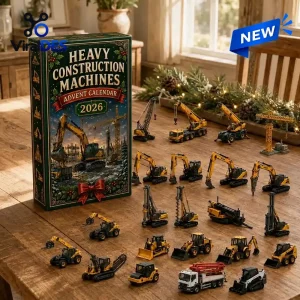 Front view of the Heavy Construction Machines Advent Calendar 2026 box with toy vehicles displayed.
