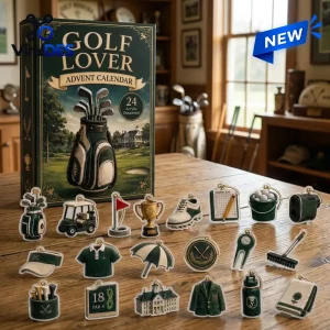 Front view of a Golf Lover Advent Calendar box with assorted acrylic trinkets arranged on a wooden table.