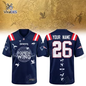 Front and back view of the New England Patriots Fourth Wing Football Jersey in navy blue.