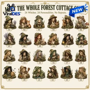 Grid display showing twenty-four numbered witch figurines as part of the Forest Cottage Witches Advent Calendar collection.