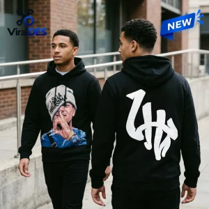 Front and back view of the New Zealand Warriors Leka Halasima black hoodie worn outdoors.