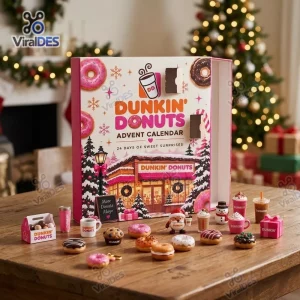 Front view of a Dunkin Donuts Christmas Advent Calendar with miniature figurines arranged on a wooden table.