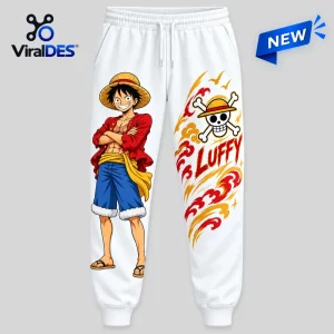 Front view of white sweatpants featuring an anime character print and skull graphic.