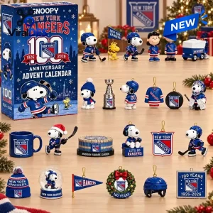 Front view of the Snoopy x New York Rangers 100th Anniversary Advent Calendar with loose figures and ornaments.