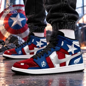 On-foot view of Marvel Captain America Air Jordan 1 High Top Sneakers with red, white, and blue star shield motifs.