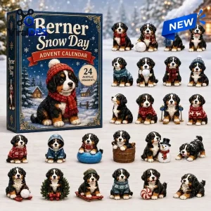 Front view of the Berner Snow Advent Calendar 2026 packaging alongside 24 miniature dog figurines.