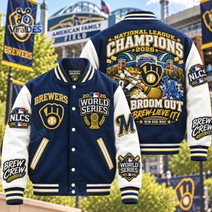 Front and back views of a blue and white Milwaukee Brewers 2026 World Series Baseball Jacket with detailed embroidery.