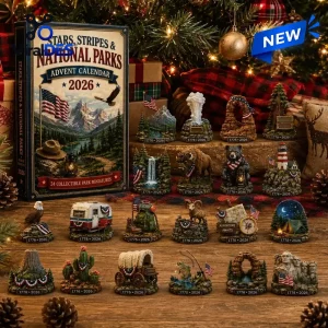 Front view of the National Parks Adventure 2026 Advent Calendar box alongside twenty-four collectible miniature figurines.