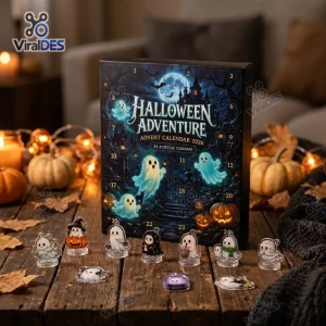 Front view of the Halloween 2026 Ghost Advent Calendar box with numbered doors and acrylic charms on a table.