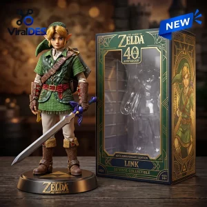 Front view of The Legend of Zelda 40th Anniversary Vinyl Figure standing next to its green packaging box.
