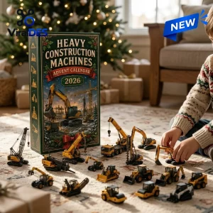Front view of Heavy Construction Machines Advent Calendar 2026 with toy vehicles.
