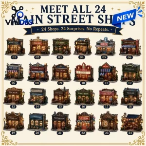 Grid view of twenty four miniature buildings for the After Hours Main Street Advent Calendar.