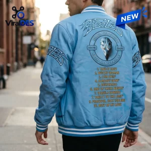 Back view of the Eagles 50th Anniversary Blue Varsity Jacket featuring track listing and anniversary graphics.