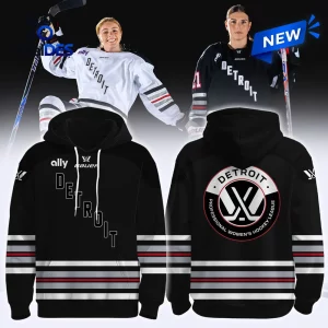 Front and back view of a PWHL Detroit Hockey 2026 Black Hoodie with team graphics and players above.