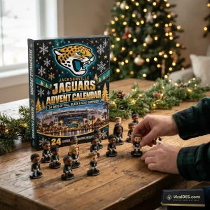 Front view of the Jacksonville Jaguars 2026 Advent Calendar box on a wooden table with miniature figurines displayed.