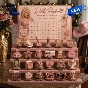 Front view of a pink Dolly Parton Advent Calendar 2026 with numbered shelves displaying miniature figurines.