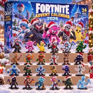 Front view of the Fortnite Advent Calendar 2026 box with twenty-four holiday figurines arranged on tiered wooden display shelves.