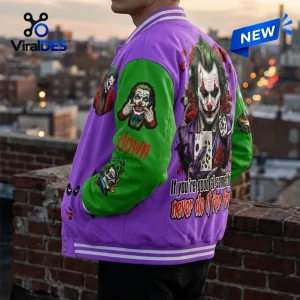 Back view of a DC Comics Joker Quote Baseball Jacket in purple and green with character graphics.
