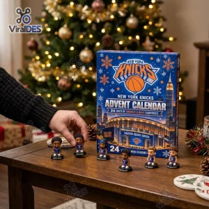 Front view of New York Knicks 2026 Basketball Advent Calendar with mini figures on table.