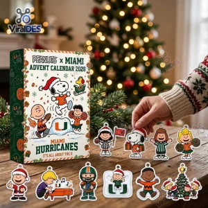 Front view of Peanuts x Miami Hurricanes 2026 Advent Calendar box with holiday character figures.
