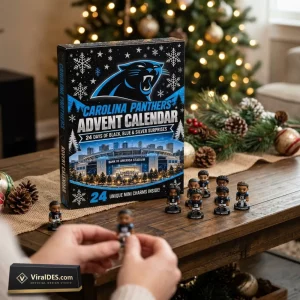 Front view of Carolina Panthers 2026 Advent Calendar box on a wooden table with mini figures.