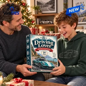 Father and son holding a Driving Lover Advent Calendar box in a living room with a Christmas tree.