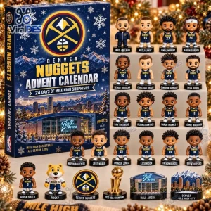 Front view of Denver Nuggets Basketball Advent Calendar packaging box next to a collection of sports themed mini figurines.