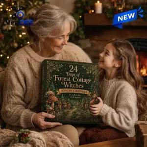An older woman and a young girl holding the Forest Cottage Witches Advent Calendar together.