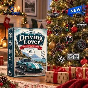 Front view of a Driving Lover Advent Calendar box next to a decorated Christmas tree with car themed ornaments.