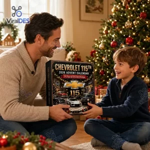 Father and son holding the Chevrolet 115th Anniversary Advent Calendar 2026 near a Christmas tree.