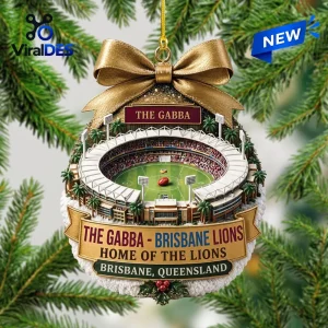 Front view of The Gabba stadium Christmas ornament featuring a golden bow and ribbon text.