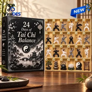 Front view of 24 Days Of Tai Chi Balance Advent Calendar packaging with miniature figurines.