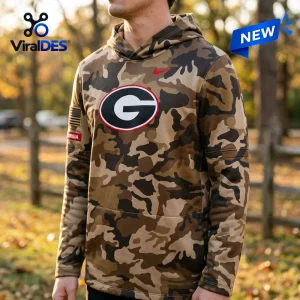 Front view of the University of Georgia 2026 Military Appreciation Camo Hoodie worn outdoors.