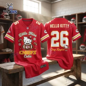 Front and back view of a red custom football jersey featuring Hello Kitty graphics and text.