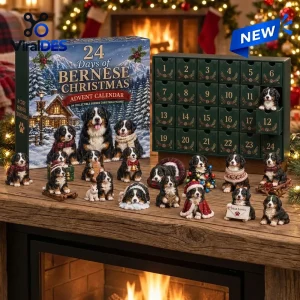 Front view of Bernese Mountain Dog Christmas Advent Calendar 2026 with 24 small dog figurines arranged on a wooden mantelpiece.