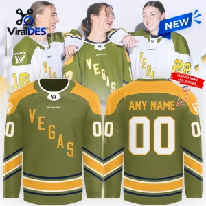 Front and back views of a green Las Vegas PWHL hockey jersey with yellow text, worn by models.