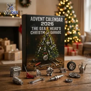 Front view of Gearhead Christmas Garage Advent Calendar 2026 box with miniature automotive trinkets.