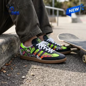 Side view of Rat Fink Hot Rod Black Samba Shoes worn outdoors with a skateboard.