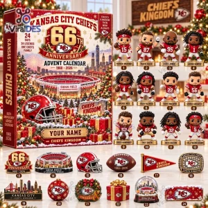 Front view of Kansas City Chiefs 66th Anniversary Advent Calendar with collectible figures.