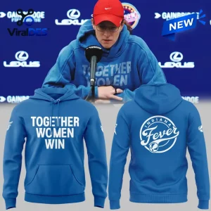 Front and back view of the Indiana Fever Blue Together Women Win Hoodie featuring white text and graphics.