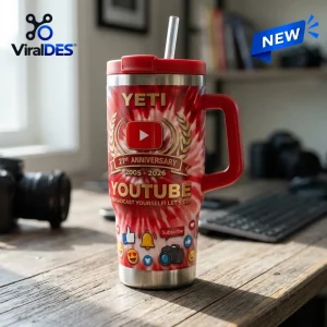 Front view of a red handle tumbler featuring a 21st anniversary YouTube graphic design.
