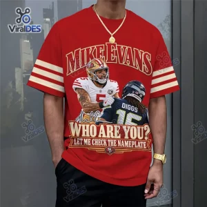 Front view of a San Francisco 49ers Mike Evans red shirt featuring a football graphic.