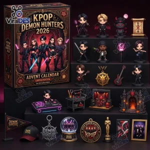 Front view of the KPOP Demon Hunters 2026 Advent Calendar box alongside various anime figurines and collectible accessories.