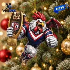 Sydney Roosters 2026 Premiers Christmas Ornament hanging on a tree with a rooster mascot holding a trophy.